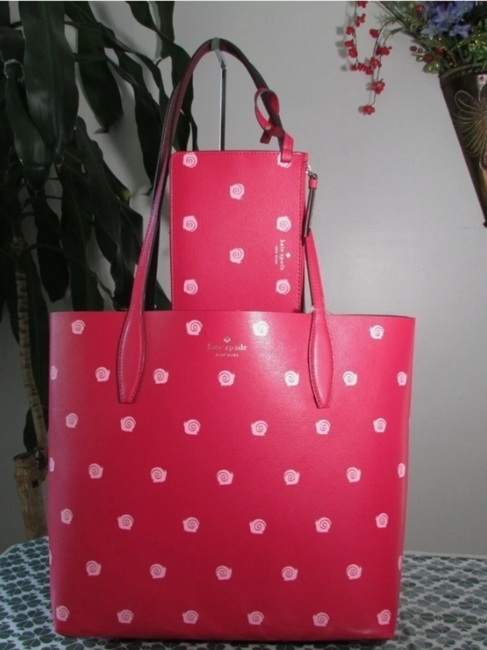 kate spade Hot Pink Printed Tote with Matching Pouch